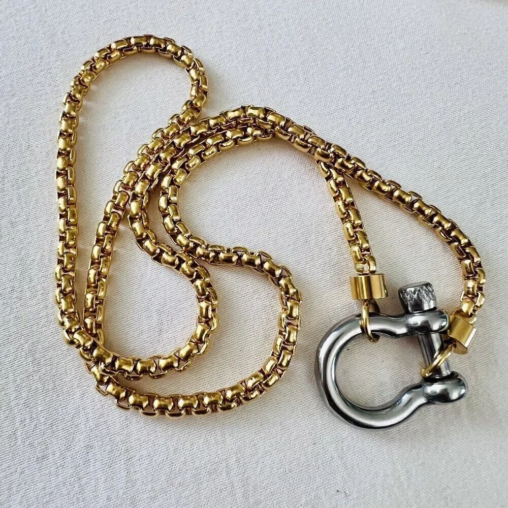 18K Gold Plated Carabiner Screw Lock Necklace Stainless Steel Womens Jewelry